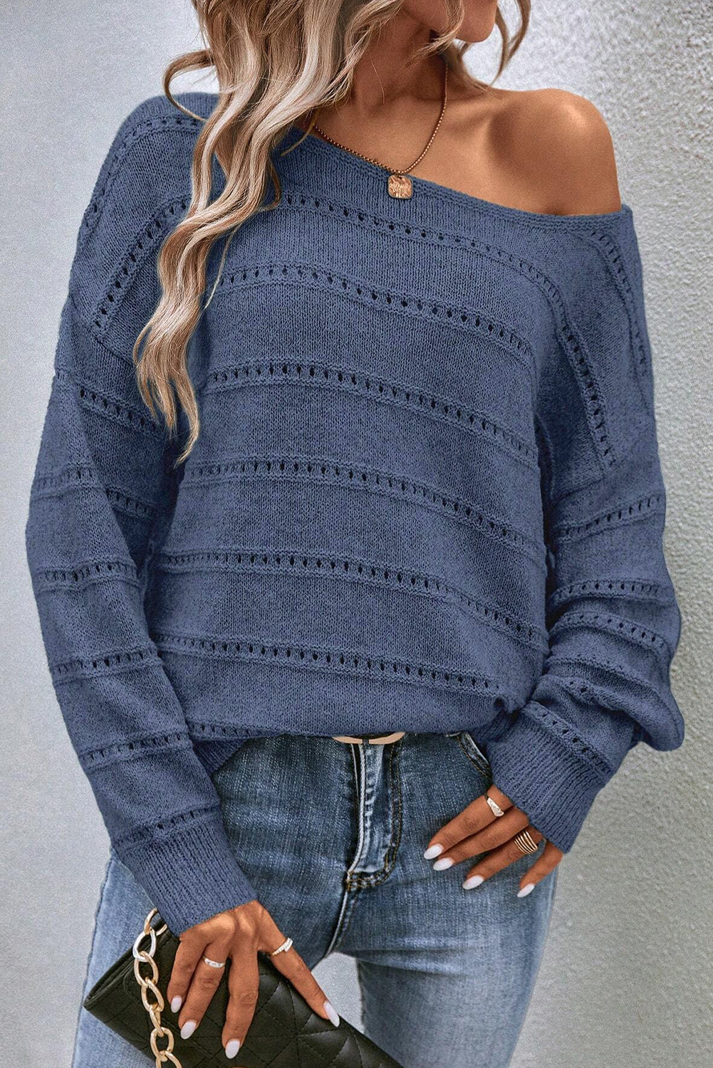 Pale Khaki Boat Neck Drop Shoulder Pointelle Knit Sweater-Sweaters & Cardigans/Sweaters-[Adult]-[Female]-2022 Online Blue Zone Planet