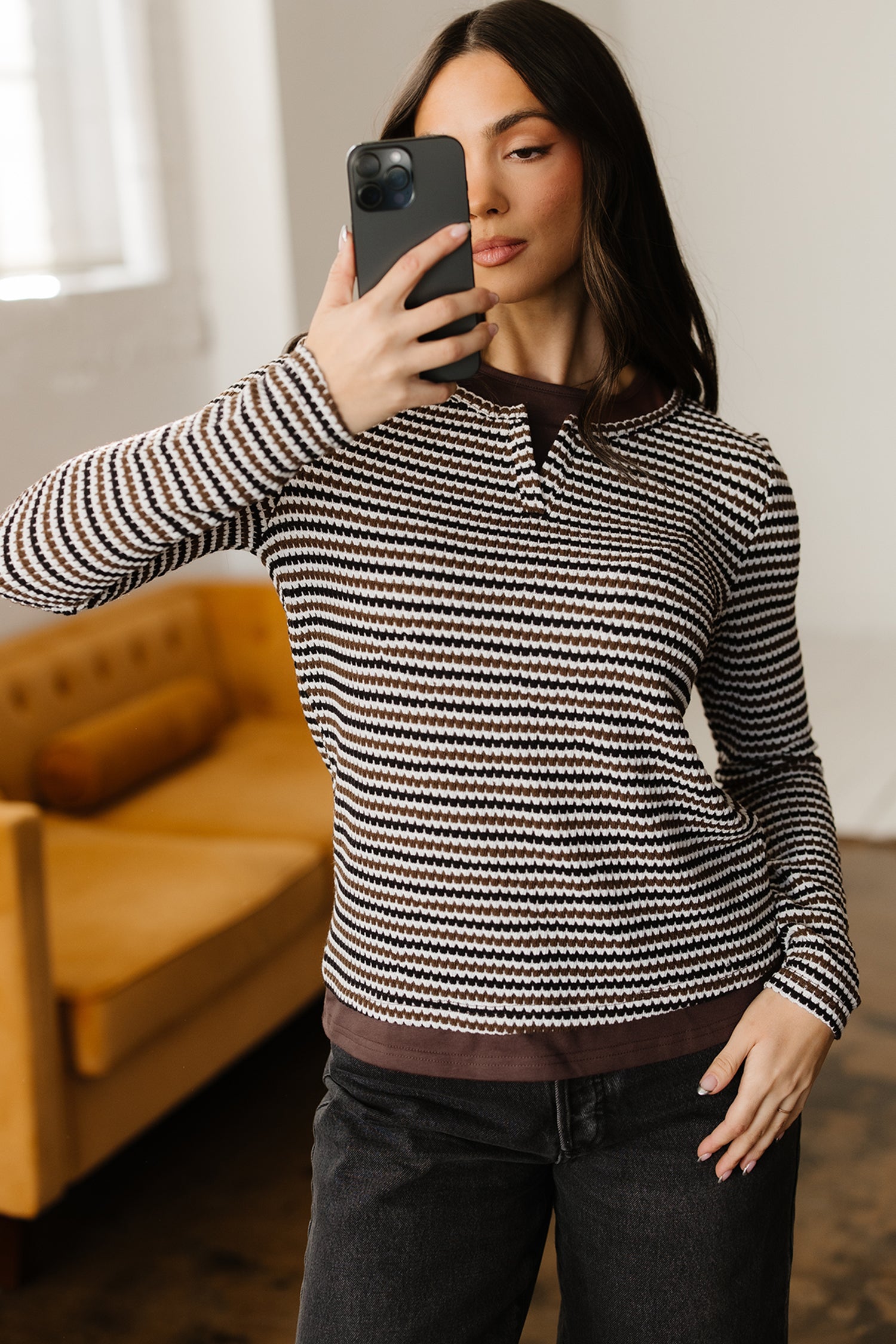 Brown Faux Two Piece Textured Striped Round Neck Long Sleeve T Shirt-Tops/Long Sleeve Tops-[Adult]-[Female]-2022 Online Blue Zone Planet