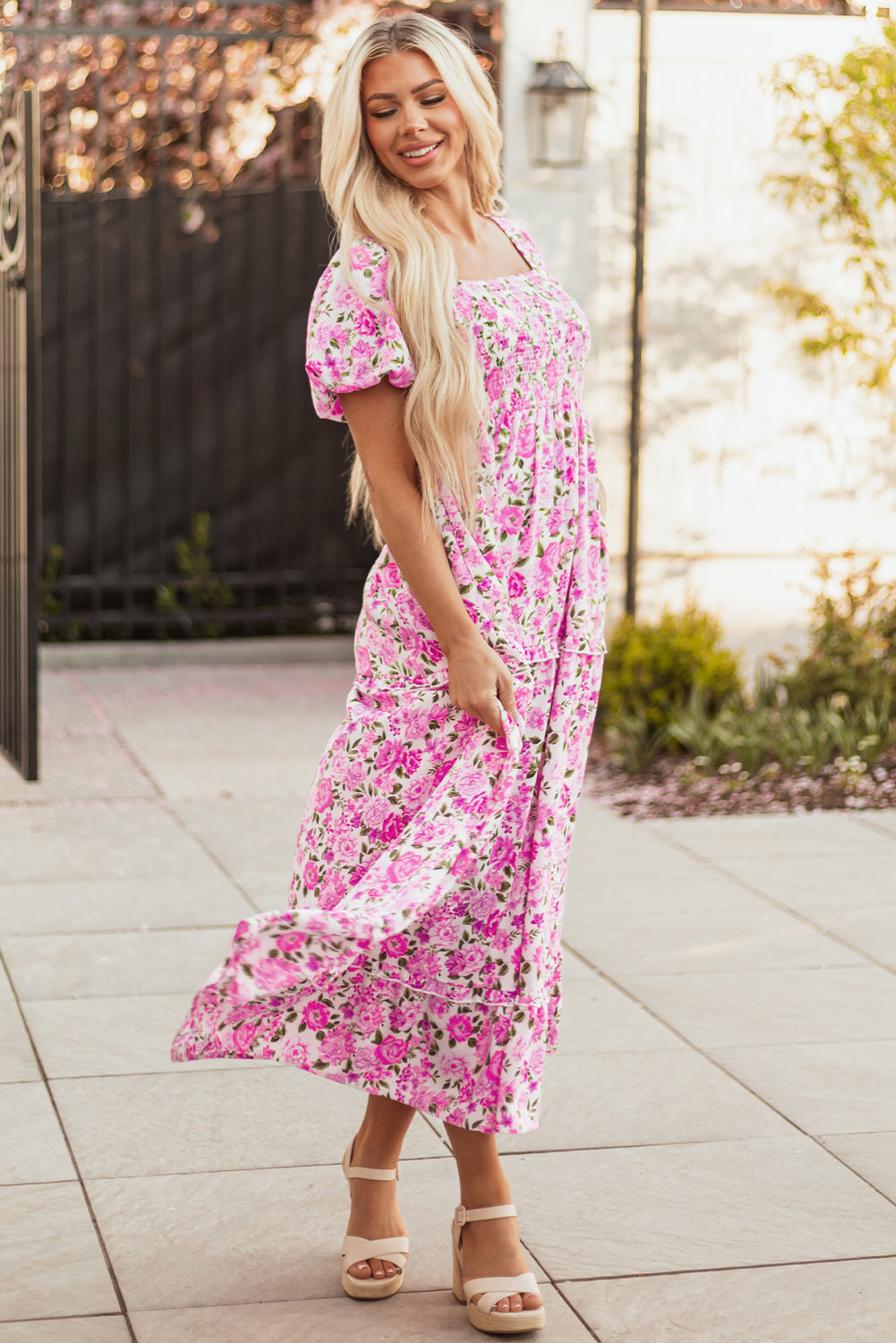 Pink Dainty Floral Smocked Puff Sleeve Flowy Long Dress-TOPS / DRESSES-[Adult]-[Female]-2022 Online Blue Zone Planet