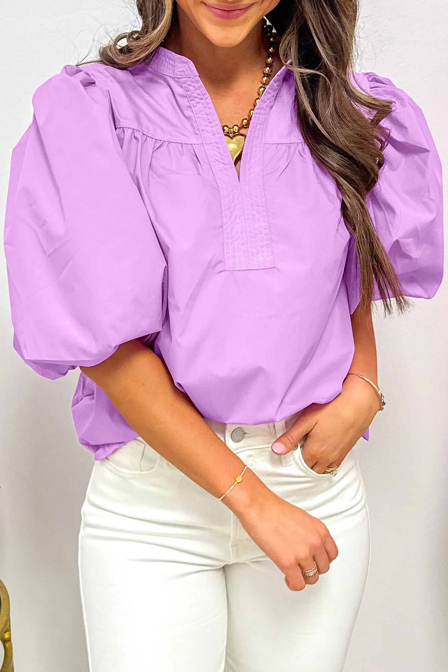 Phalaenopsis Stitched Detail V Neck Puffy Half Sleeve Blouse-Tops/Blouses & Shirts-[Adult]-[Female]-2022 Online Blue Zone Planet