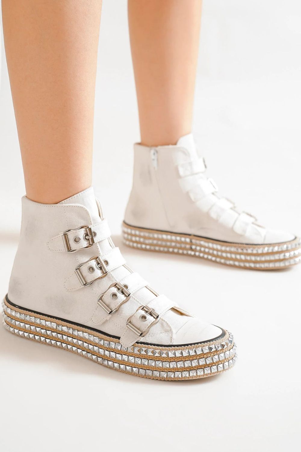 Beast Fashion Multi-Buckle Straps Studded Platform Sneakers-SHOES-[Adult]-[Female]-White-5.5-2022 Online Blue Zone Planet