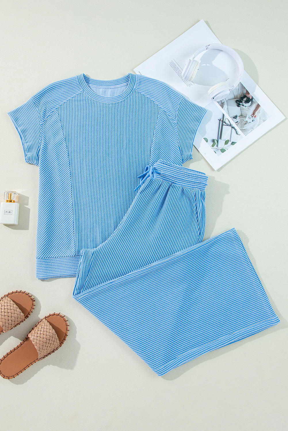 Wild Wind Solid Corded Short Sleeve T Shirt and Wide Leg Pants Set-Two Piece Pants Sets-[Adult]-[Female]-2022 Online Blue Zone Planet