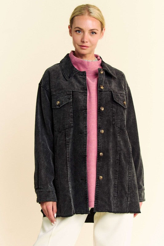 Davi & Dani Washed Corduroy Raw Hem Button Up Jacket-TOPS / DRESSES-[Adult]-[Female]-2022 Online Blue Zone Planet