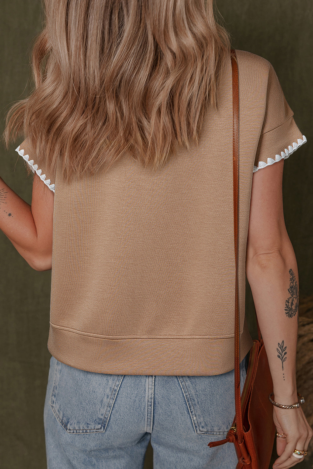 Straw Yellow Ric Rac Color Contrast Ribbed Edge Crewneck T Shirt-Tops/Tops & Tees-[Adult]-[Female]-2022 Online Blue Zone Planet
