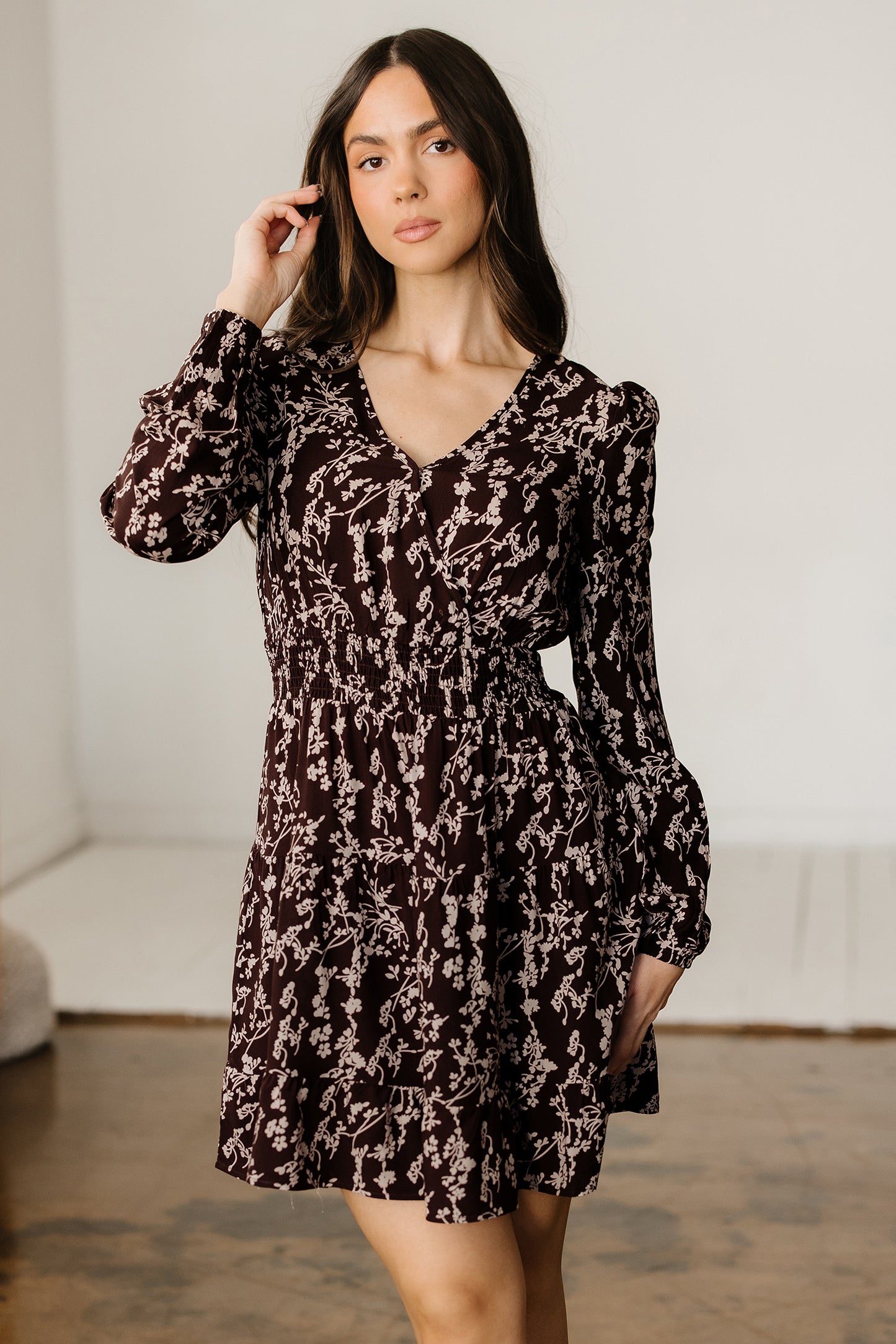 Brown Ditsy Floral Print Split Neck Long Sleeve Shirred Waist Flared Mini Dress Brown / L / 100%Viscose by Blue Zone Planet Brown Ditsy Floral Print Split Neck Long Sleeve Shirred Waist Flared Mini Dress Brown / L / 100%Viscose by Blue Zone Planet