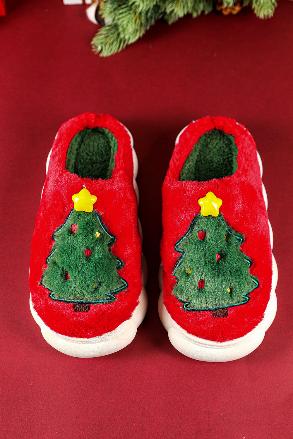 Fiery Red Christmas Tree Graphic Thick Sole Plush Slippers-Shoes & Bags/Slippers-[Adult]-[Female]-2022 Online Blue Zone Planet