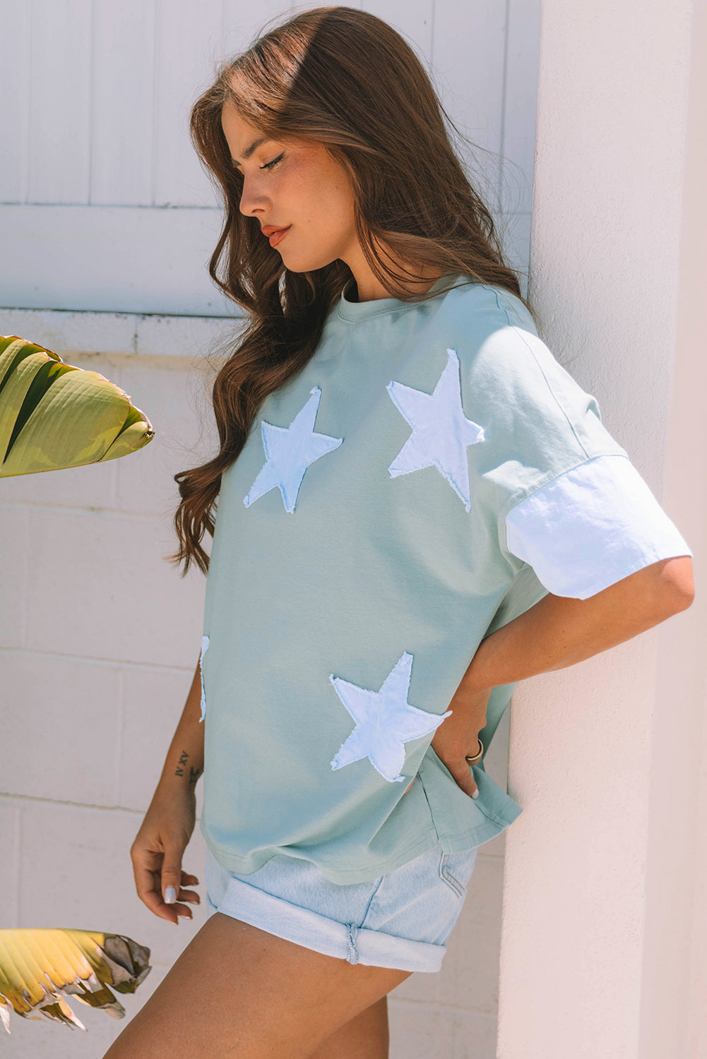 Smoke Green Frayed Denim Star Patched Oversize T Shirt-Tops/Tops & Tees-[Adult]-[Female]-2022 Online Blue Zone Planet