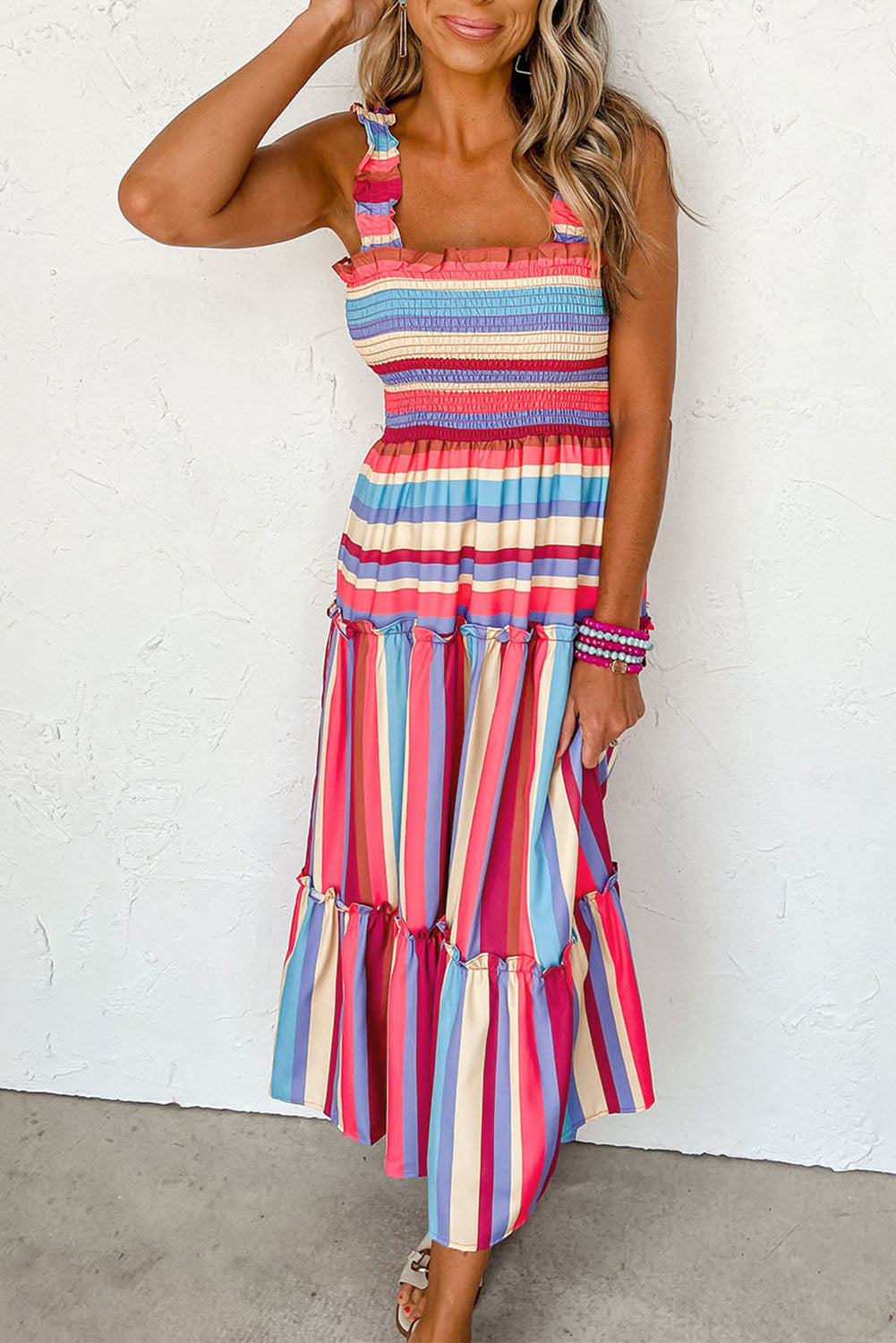 Red Stripe Ruffled Straps Smocked Tiered Long Dress-TOPS / DRESSES-[Adult]-[Female]-Red Stripe-S-2022 Online Blue Zone Planet