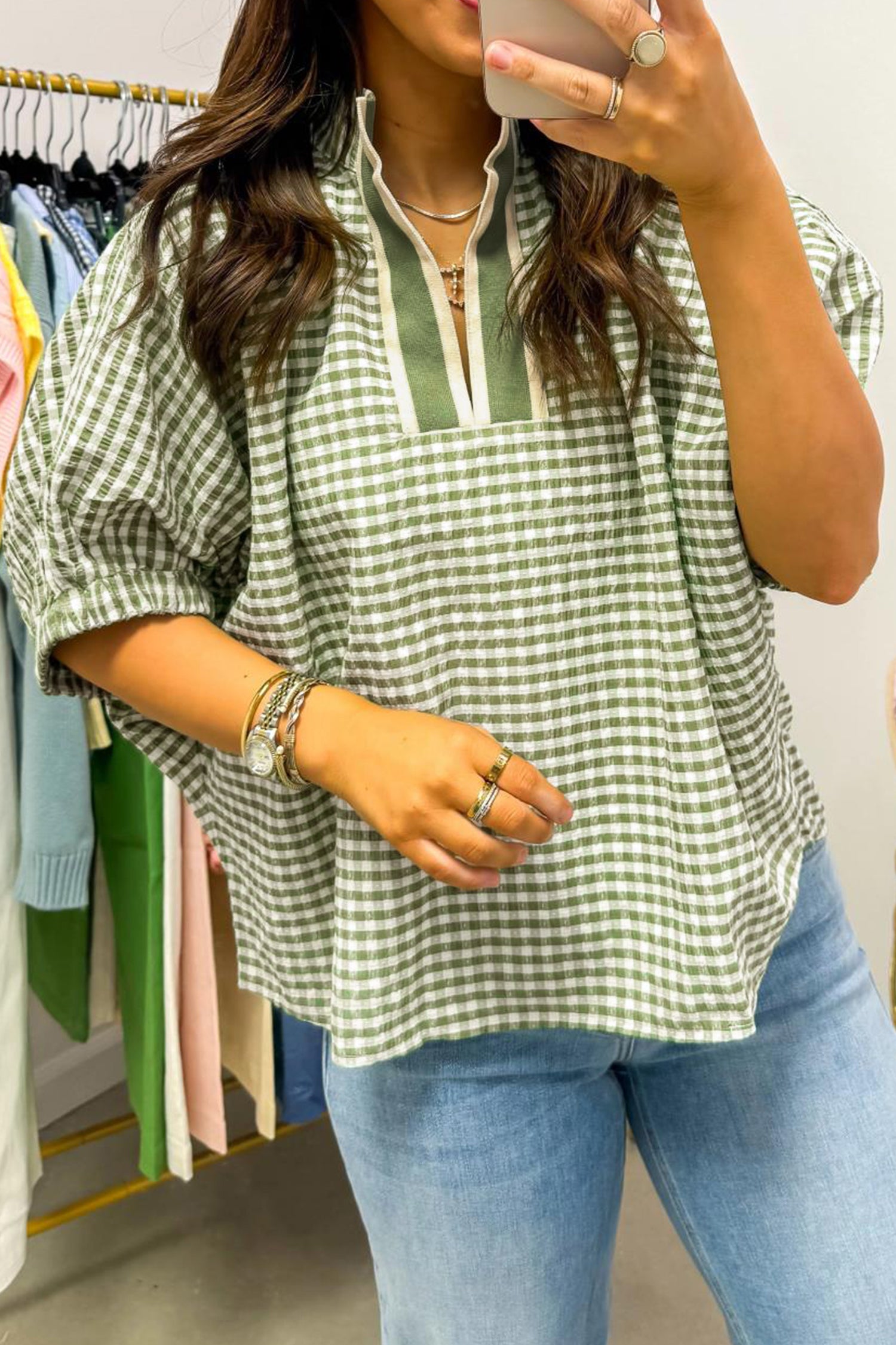 Red Plaid Short Sleeve Colorblock Trim Split Neck Blouse-Tops/Blouses & Shirts-[Adult]-[Female]-Green-S-2022 Online Blue Zone Planet