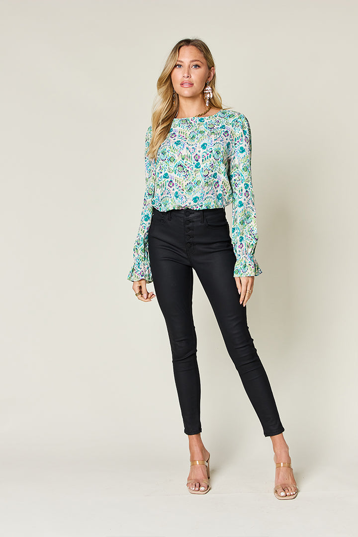 Blue Zone Planet | Double Take Full Size Printed Flounce Sleeve Blouse-TOPS / DRESSES-[Adult]-[Female]-2022 Online Blue Zone Planet