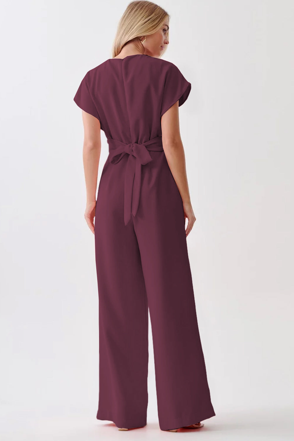 Burgundy Solid Color Cap Sleeve Knot Waist Shift Jumpsuit-Bottoms/Jumpsuits & Rompers-[Adult]-[Female]-2022 Online Blue Zone Planet