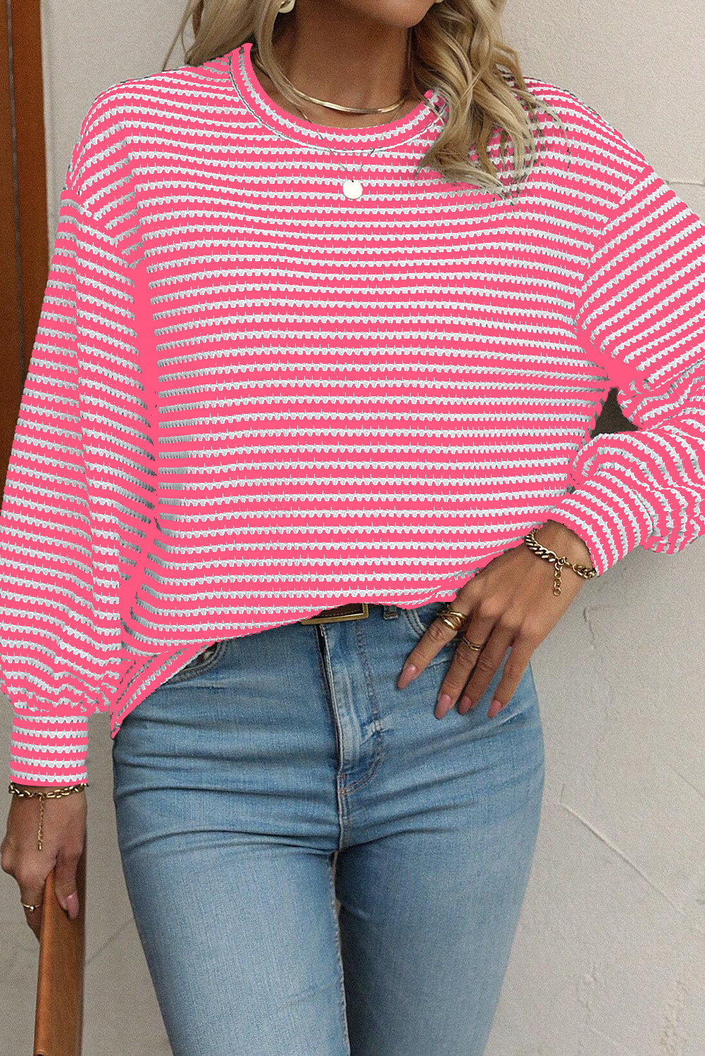 Blue Zone Planet | Rose Stripe Round Neck Drop Shoulder Long Sleeve Top-Tops/Long Sleeve Tops-[Adult]-[Female]-2022 Online Blue Zone Planet