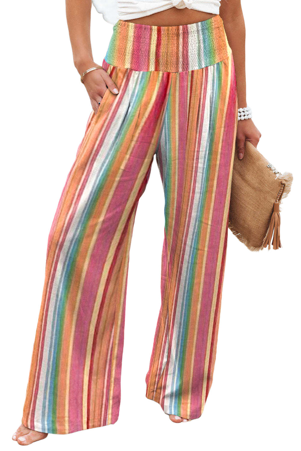 Felicity's Multicolor Striped Smocked High Waist Wide Leg Pants Blue Zone Planet