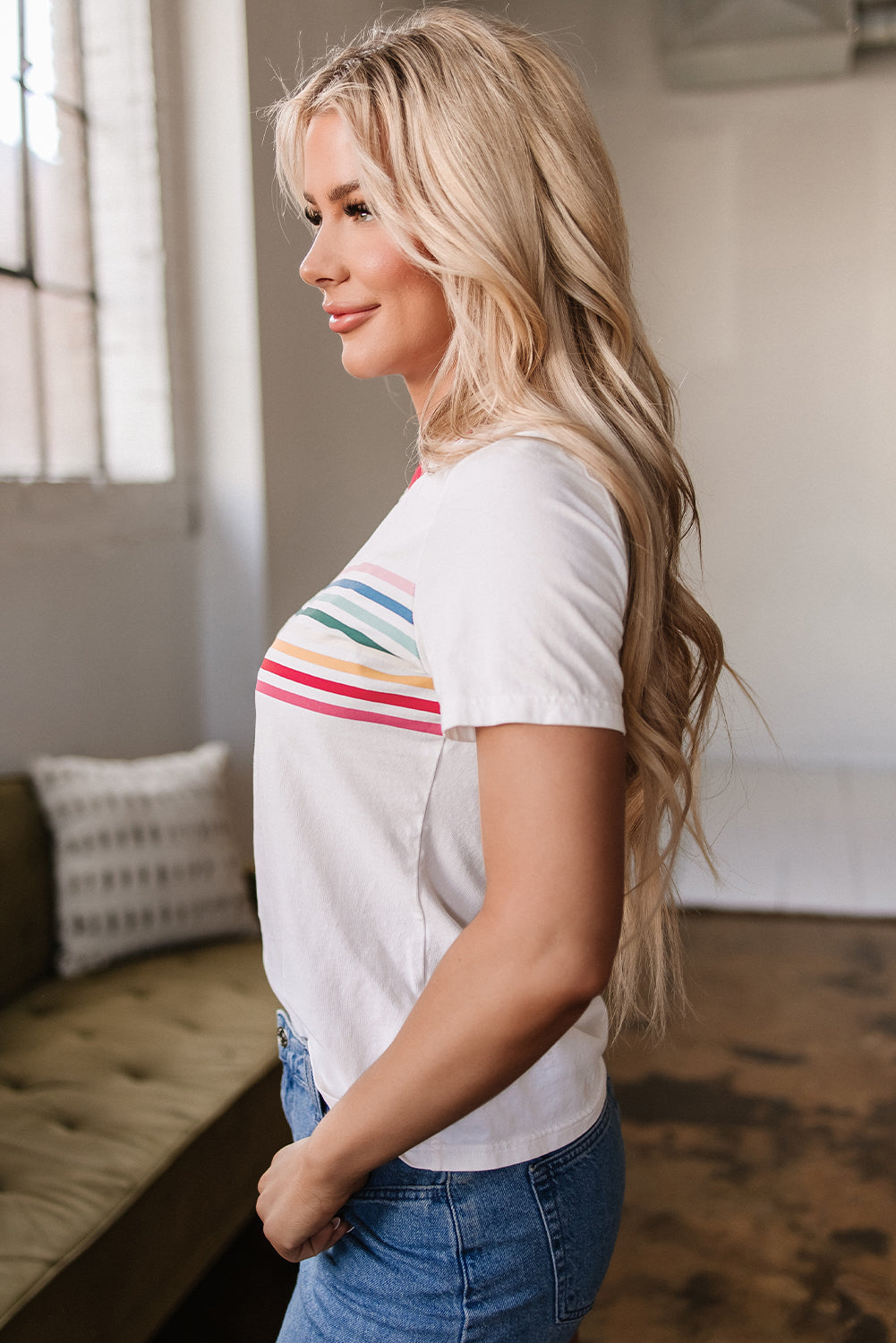 White Rainbow Stripe Print Contrast Crewneck T Shirt-Tops/Tops & Tees-[Adult]-[Female]-2022 Online Blue Zone Planet
