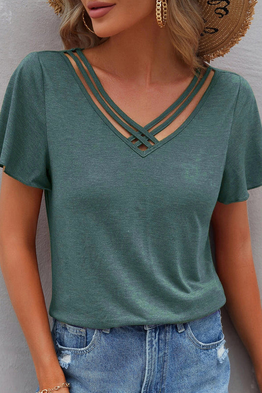 Mist Green Crisscross V Neck Butterfly Sleeve T Shirt-Tops/Tops & Tees-[Adult]-[Female]-Mist Green-S-2022 Online Blue Zone Planet