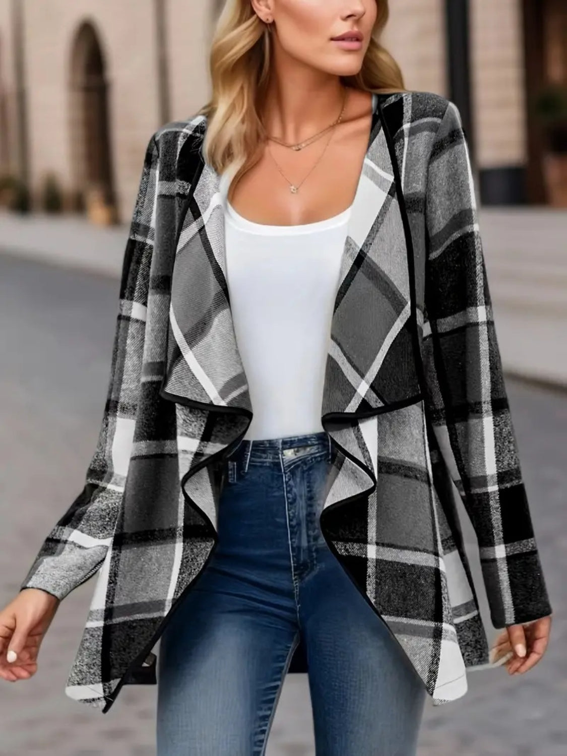 Plaid Open Front Long Sleeve Jacket-TOPS / DRESSES-[Adult]-[Female]-2022 Online Blue Zone Planet