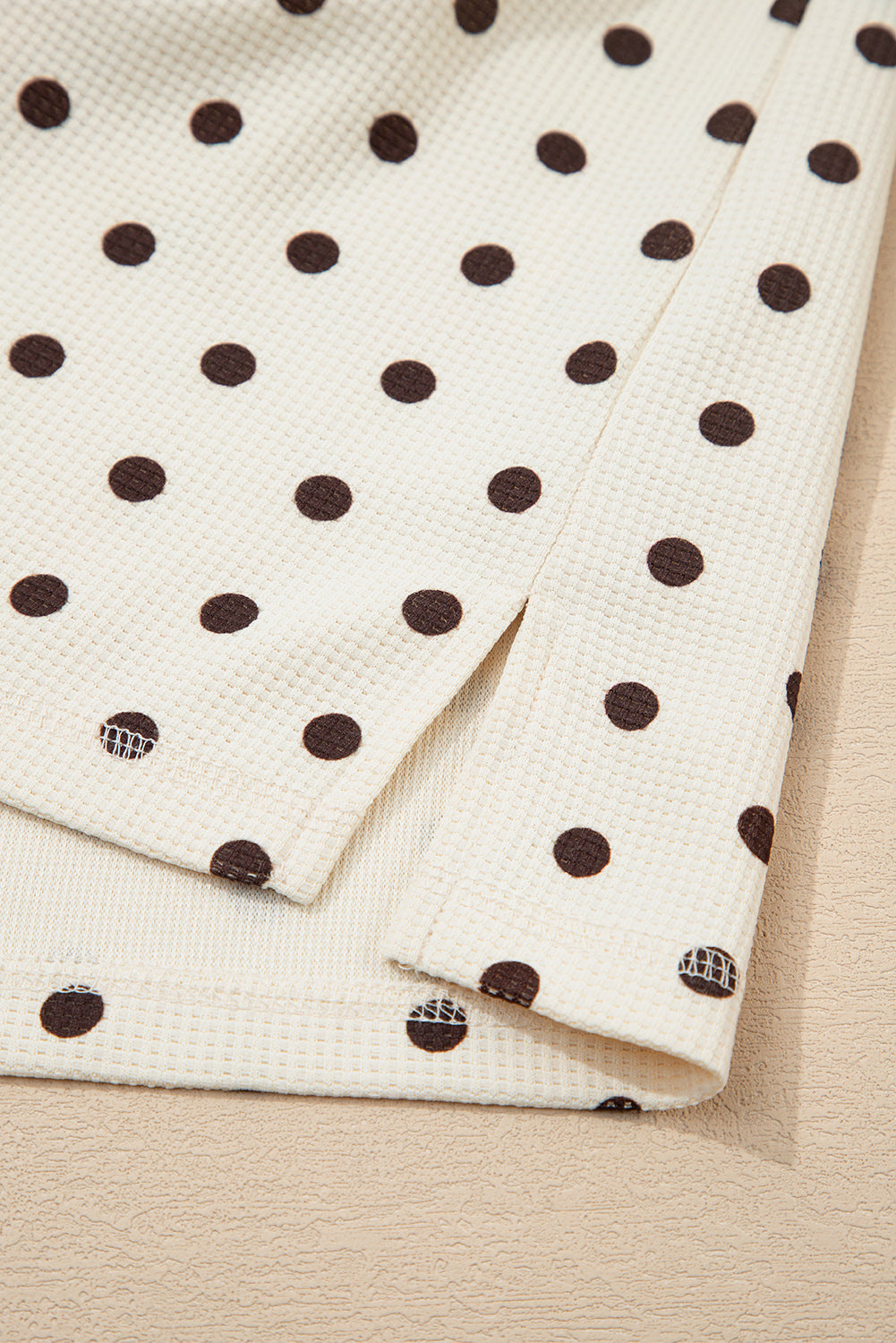 White Polka Dot Print Notched Neck Long Sleeve Top Drawstring Jogger Pants Waffle Knit Lounge Set-Loungewear & Sleepwear/Loungewear-[Adult]-[Female]-2022 Online Blue Zone Planet