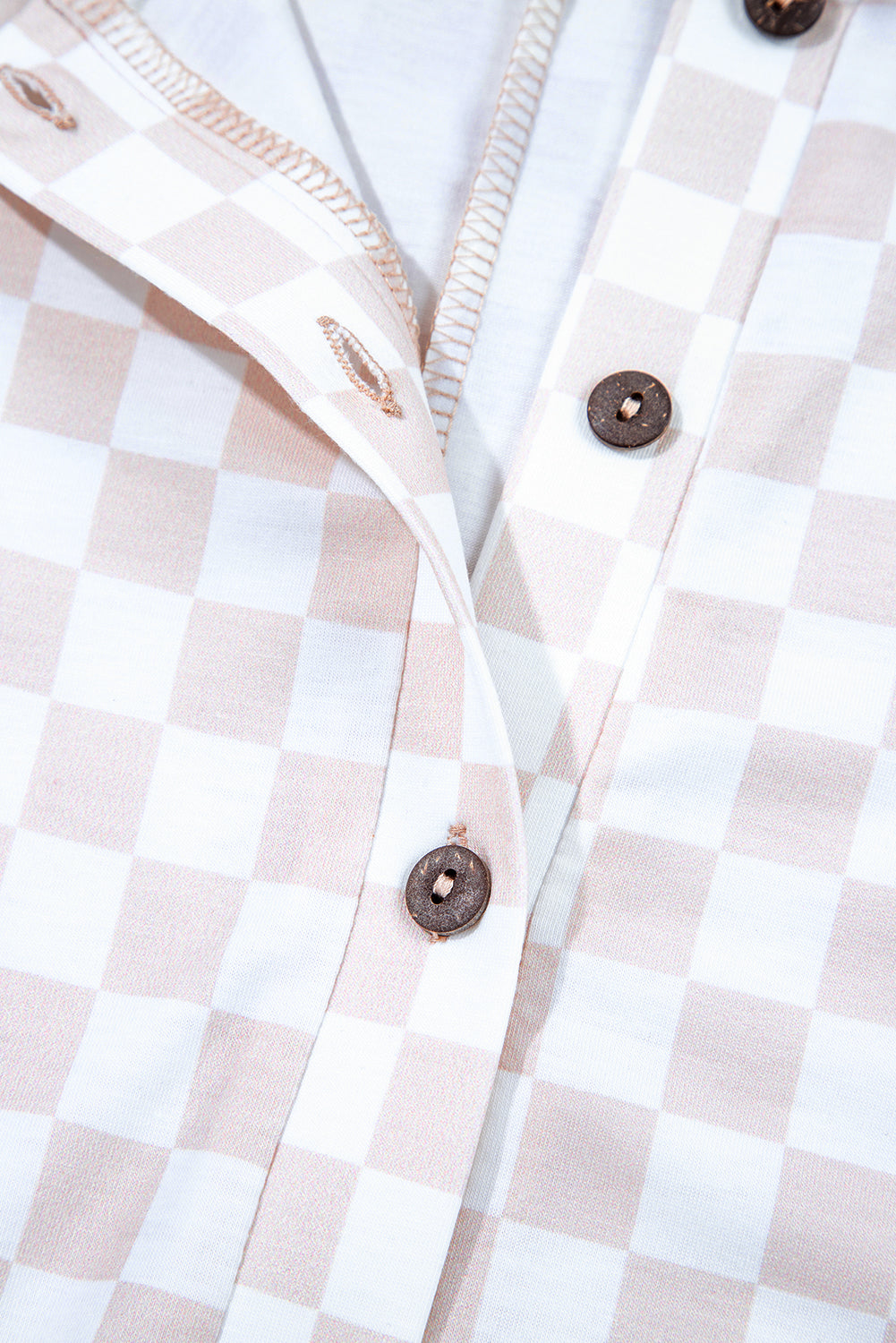Apricot Checkered Print Buttoned Crew Neck Wide Leg Jumpsuit-Bottoms/Jumpsuits & Rompers-[Adult]-[Female]-2022 Online Blue Zone Planet