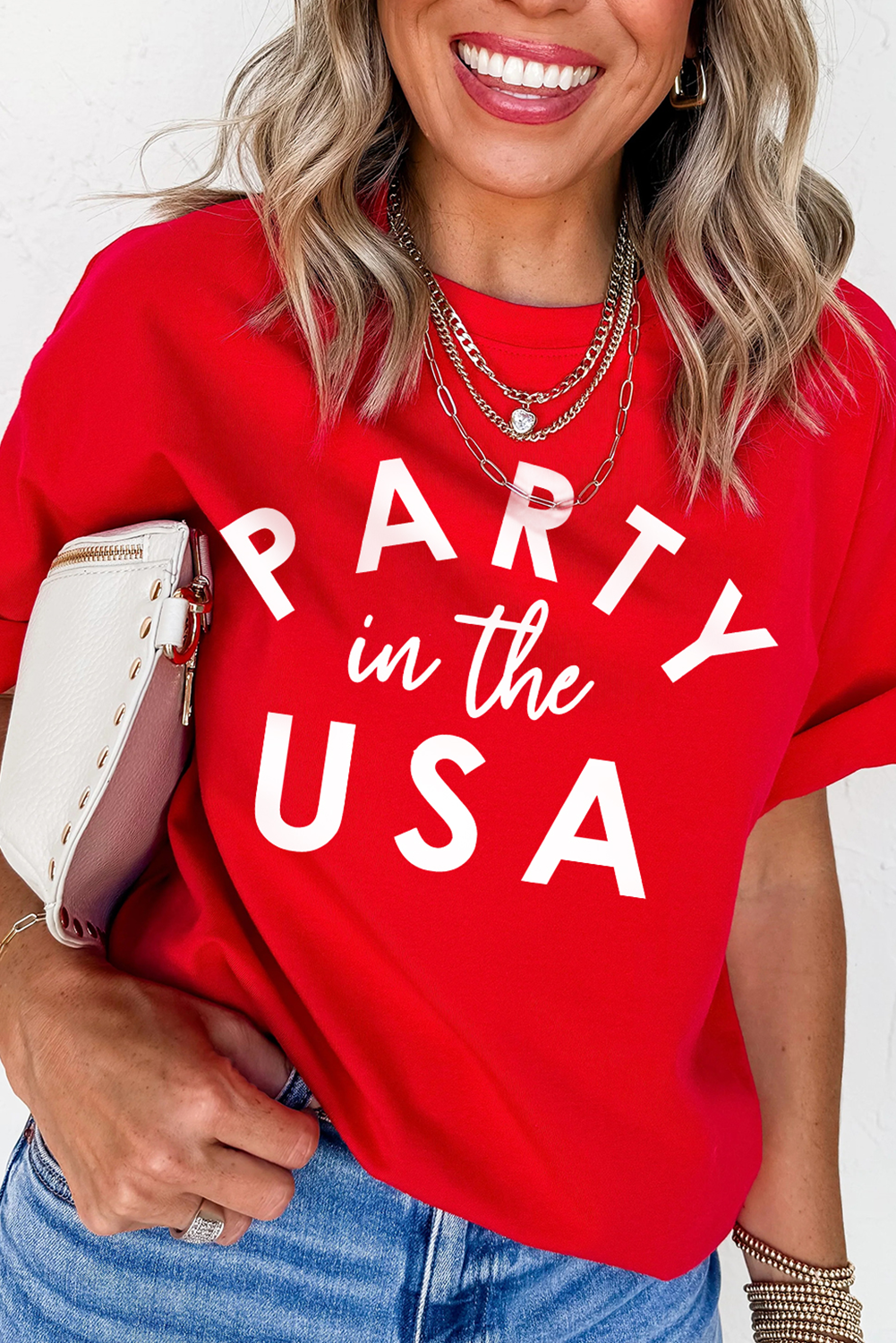 Red PARTY in the USA Printed Independence Day T Shirt-Graphic Tees-[Adult]-[Female]-Red-2-2XL-2022 Online Blue Zone Planet