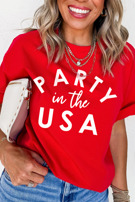 Red PARTY in the USA Printed Independence Day T Shirt-Graphic Tees-[Adult]-[Female]-Red-2-2XL-2022 Online Blue Zone Planet