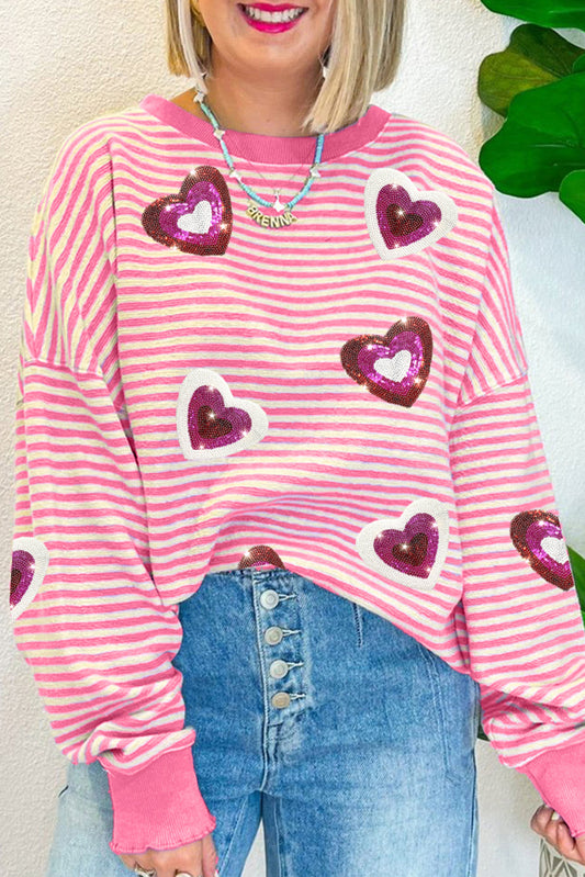 Pink Stripe Sequin Heart Patched Pattern Long Sleeve Valentines Top-Graphic/Graphic Long Sleeve Tees-[Adult]-[Female]-Pink Stripe-S-2022 Online Blue Zone Planet