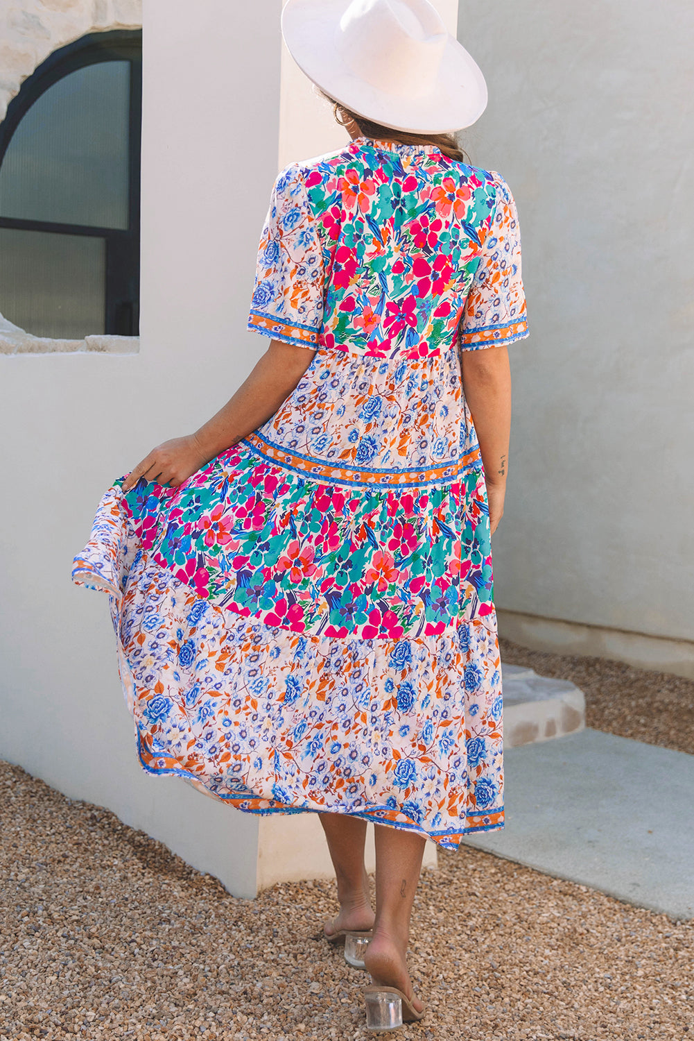 Sky Blue Mixed Floral Print Tie Split Neck Short Sleeve Dress-TOPS / DRESSES-[Adult]-[Female]-2022 Online Blue Zone Planet