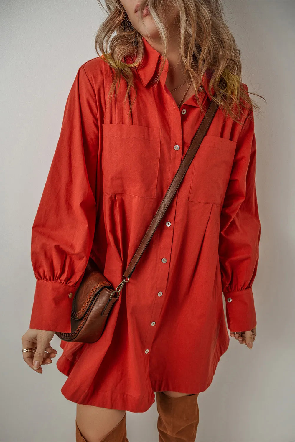 Blue Zone Planet | Pocketed Button Down Long Sleeve Shirt Dress-TOPS / DRESSES-[Adult]-[Female]-2022 Online Blue Zone Planet