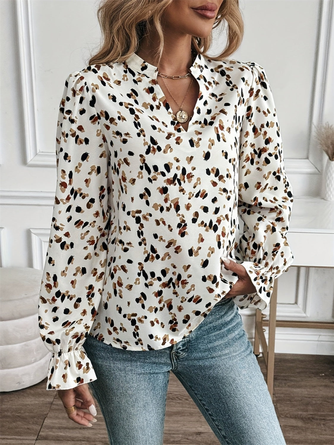 Printed Notched Flounce Sleeve Blouse-TOPS / DRESSES-[Adult]-[Female]-2022 Online Blue Zone Planet