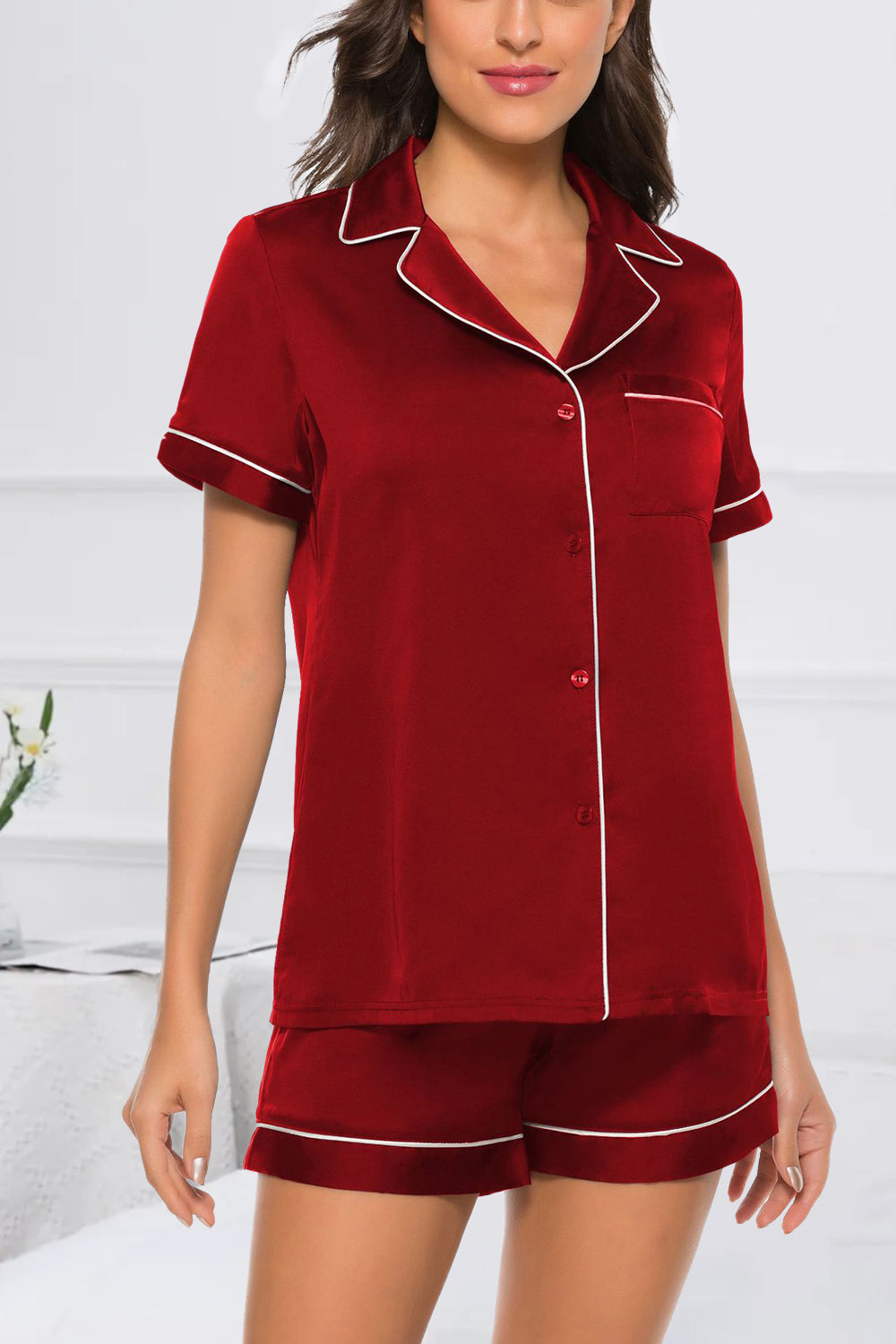 Printed Button Up Short Sleeve Top and Shorts Lounge Set-TOPS / DRESSES-[Adult]-[Female]-Scarlet-S-2022 Online Blue Zone Planet