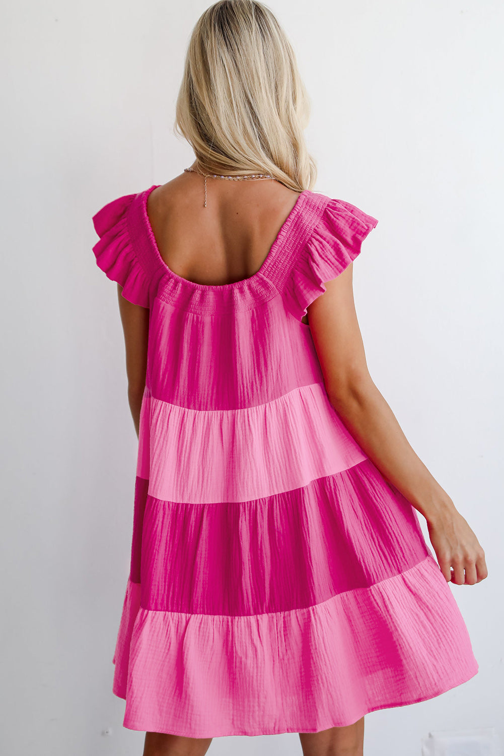 Pink Crinkled Colorblock Patchwork Flutter Tiered Mini Dress-Dresses/Mini Dresses-[Adult]-[Female]-2022 Online Blue Zone Planet