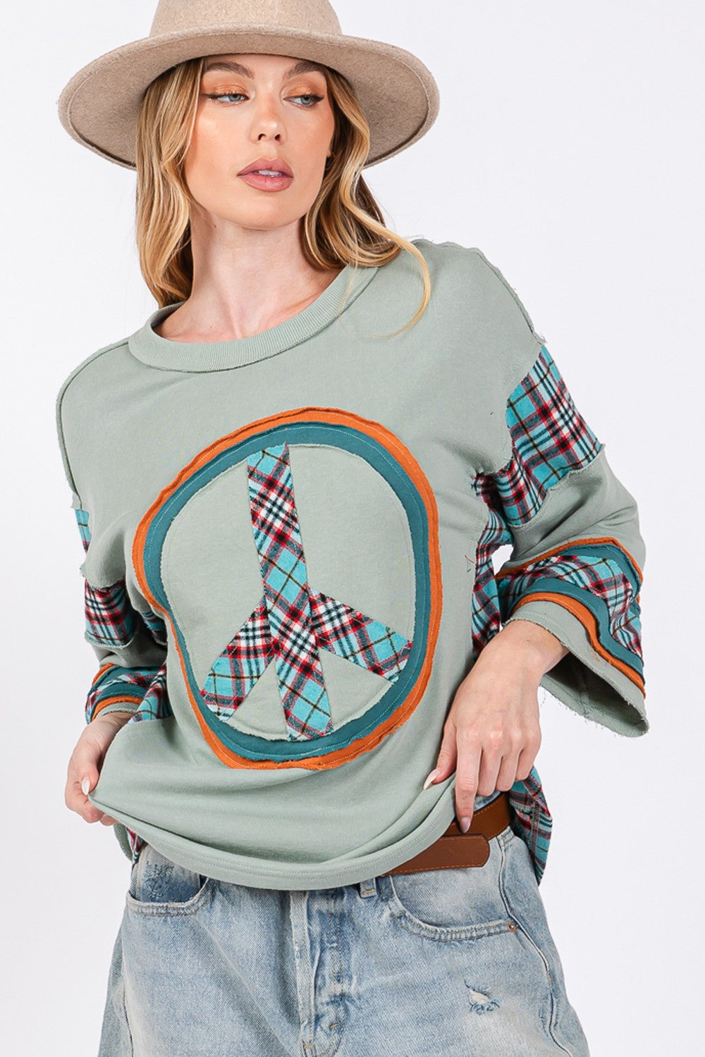 Blue Zone Planet | SAGE + FIG Peace Applique Patch Contrast Plaid Top-TOPS / DRESSES-[Adult]-[Female]-2022 Online Blue Zone Planet