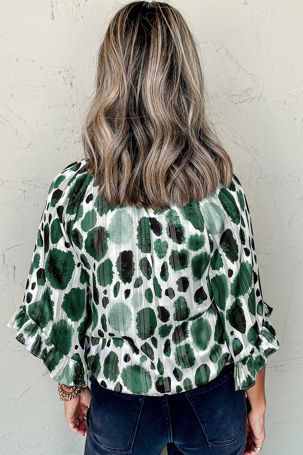 Green Metallic Threading Accents Pleated Abstract Printed Ruffled 3/4 Sleeve Blouse-Tops/Blouses & Shirts-[Adult]-[Female]-2022 Online Blue Zone Planet