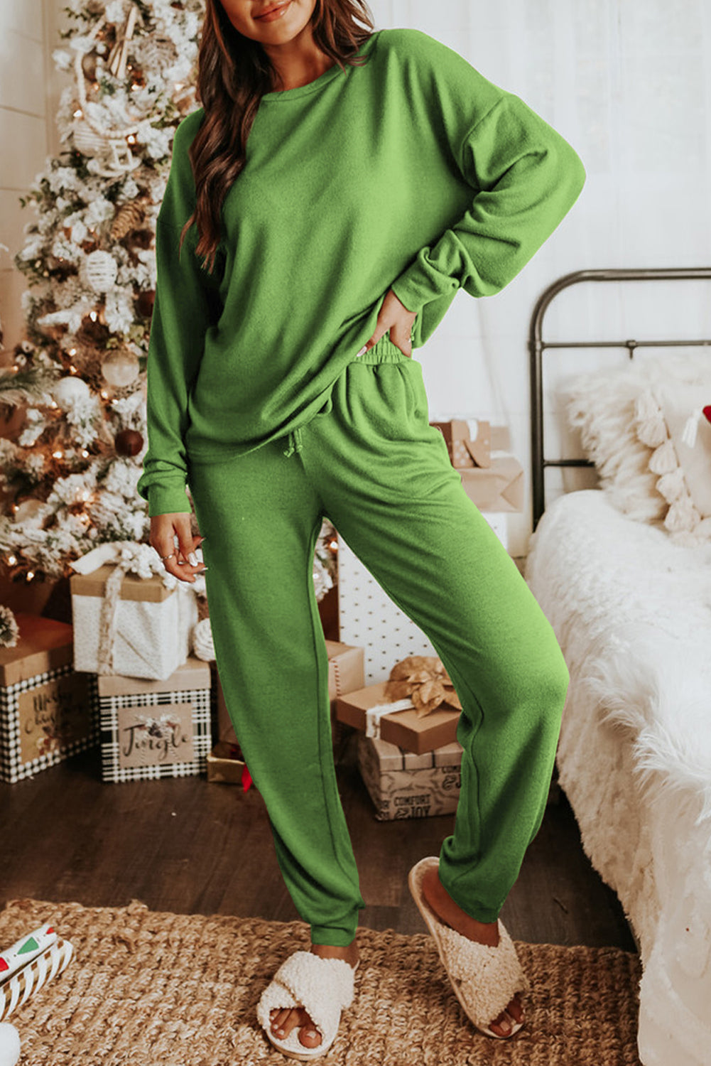 Spinach Green Long Sleeve Pullover and Jogger Pants Lounge Set-Loungewear & Sleepwear/Loungewear-[Adult]-[Female]-Spinach Green-S-2022 Online Blue Zone Planet