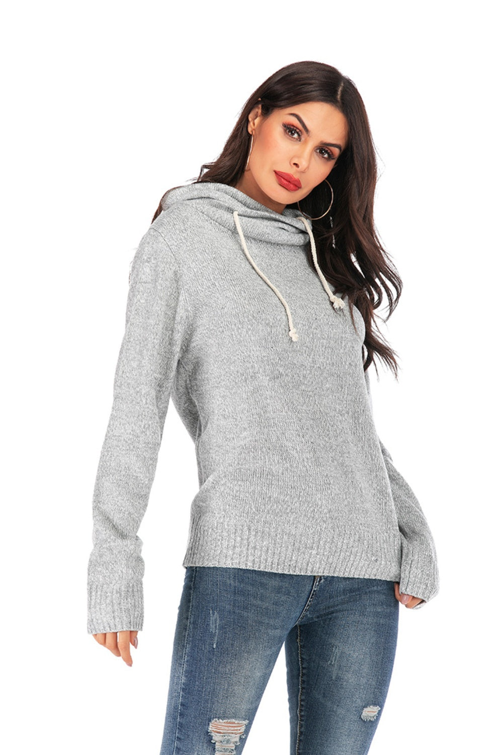 Drawstring Mock Neck Long Sleeve Sweater-TOPS / DRESSES-[Adult]-[Female]-2022 Online Blue Zone Planet