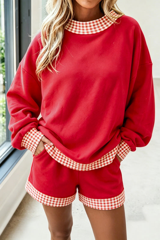 Fiery Red Gingham Trim Baggy Pullover 2pcs Short Set-Two Piece Sets/Short Sets-[Adult]-[Female]-2022 Online Blue Zone Planet