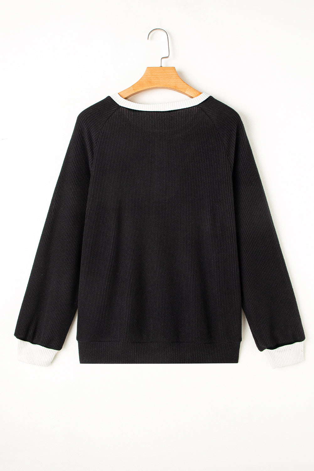 Blue Zone Planet | Black Color Contrast Ribbed Loose Fit Long Sleeve Top-Tops/Long Sleeve Tops-[Adult]-[Female]-2022 Online Blue Zone Planet