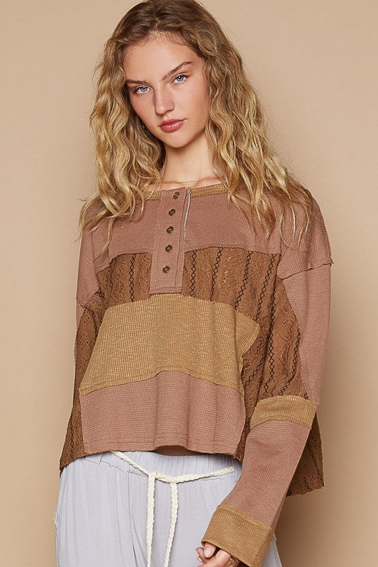 Blue Zone Planet | POL Half Button Color Block Drop Shoulder Knit Top-TOPS / DRESSES-[Adult]-[Female]-2022 Online Blue Zone Planet