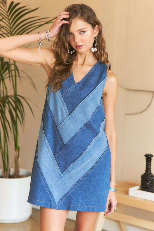 ADORA Chevron Color Block V-Neck Denim Dress-TOPS / DRESSES-[Adult]-[Female]-2022 Online Blue Zone Planet