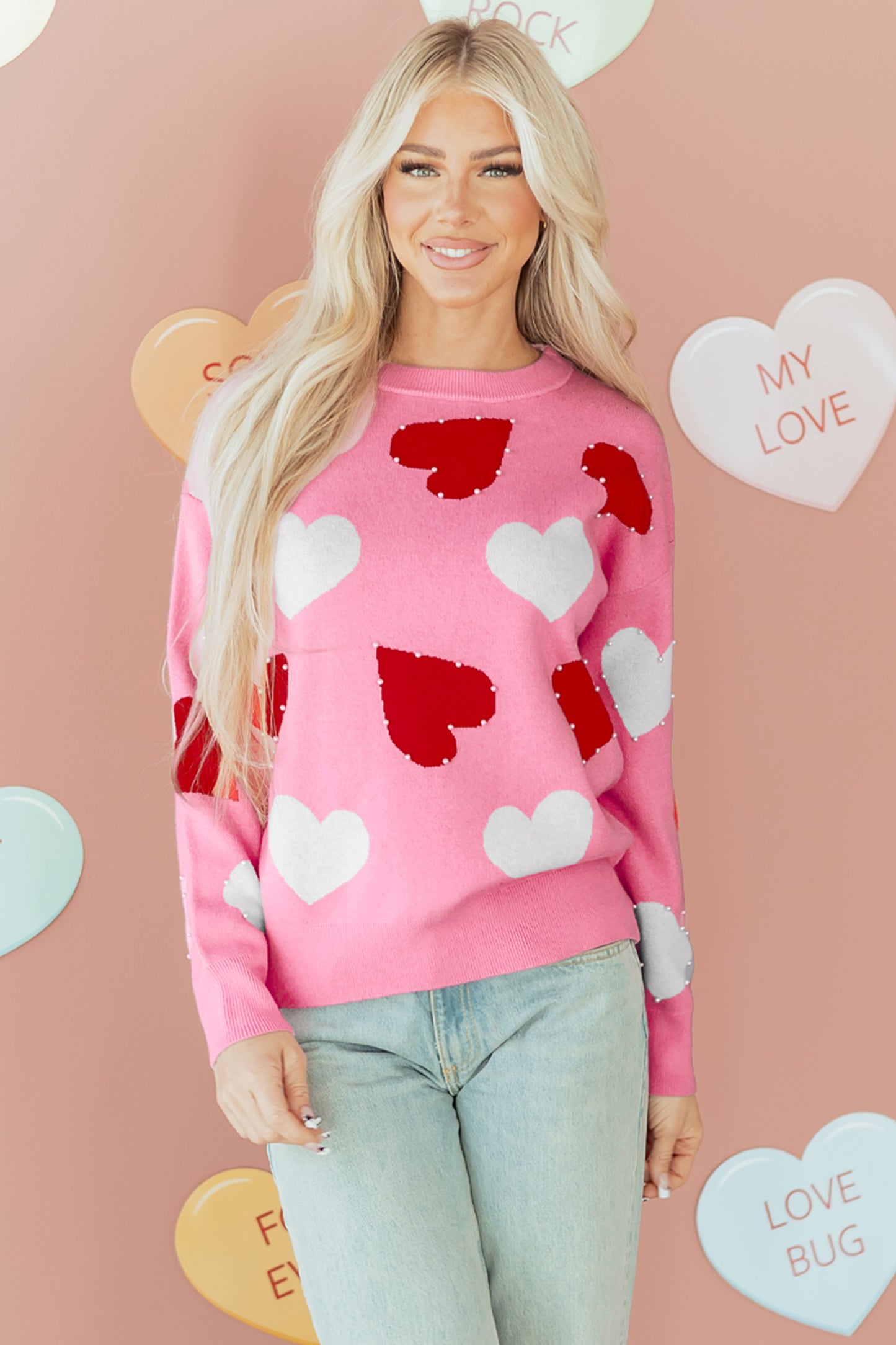 Pink Pearl Embellished Heart Pattern Valentines Day Sweater-TOPS / DRESSES-[Adult]-[Female]-2022 Online Blue Zone Planet