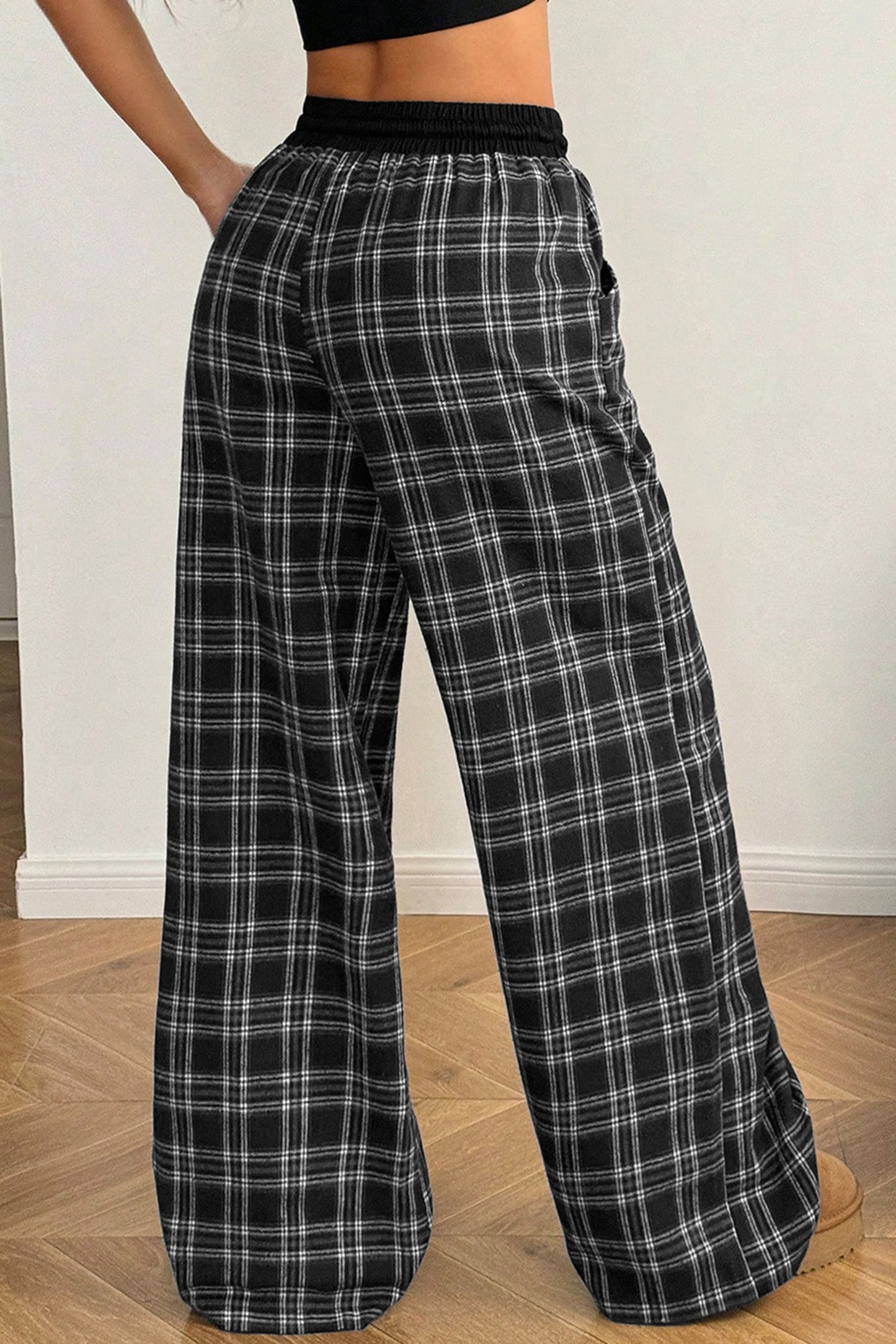 Black Frenchy Plaid Pattern Contrast Drawstring Waist Wide Leg Pants-Bottoms/Pants & Culotte-[Adult]-[Female]-2022 Online Blue Zone Planet