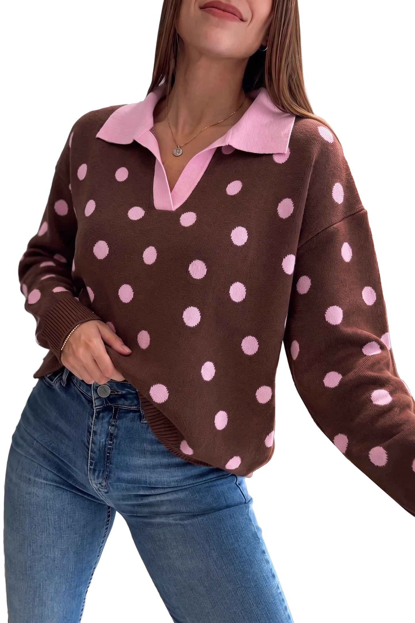 Pink Polka Dot Pattern Color Block Collared Loose Pullover Sweater-Sweaters & Cardigans/Sweaters-[Adult]-[Female]-2022 Online Blue Zone Planet