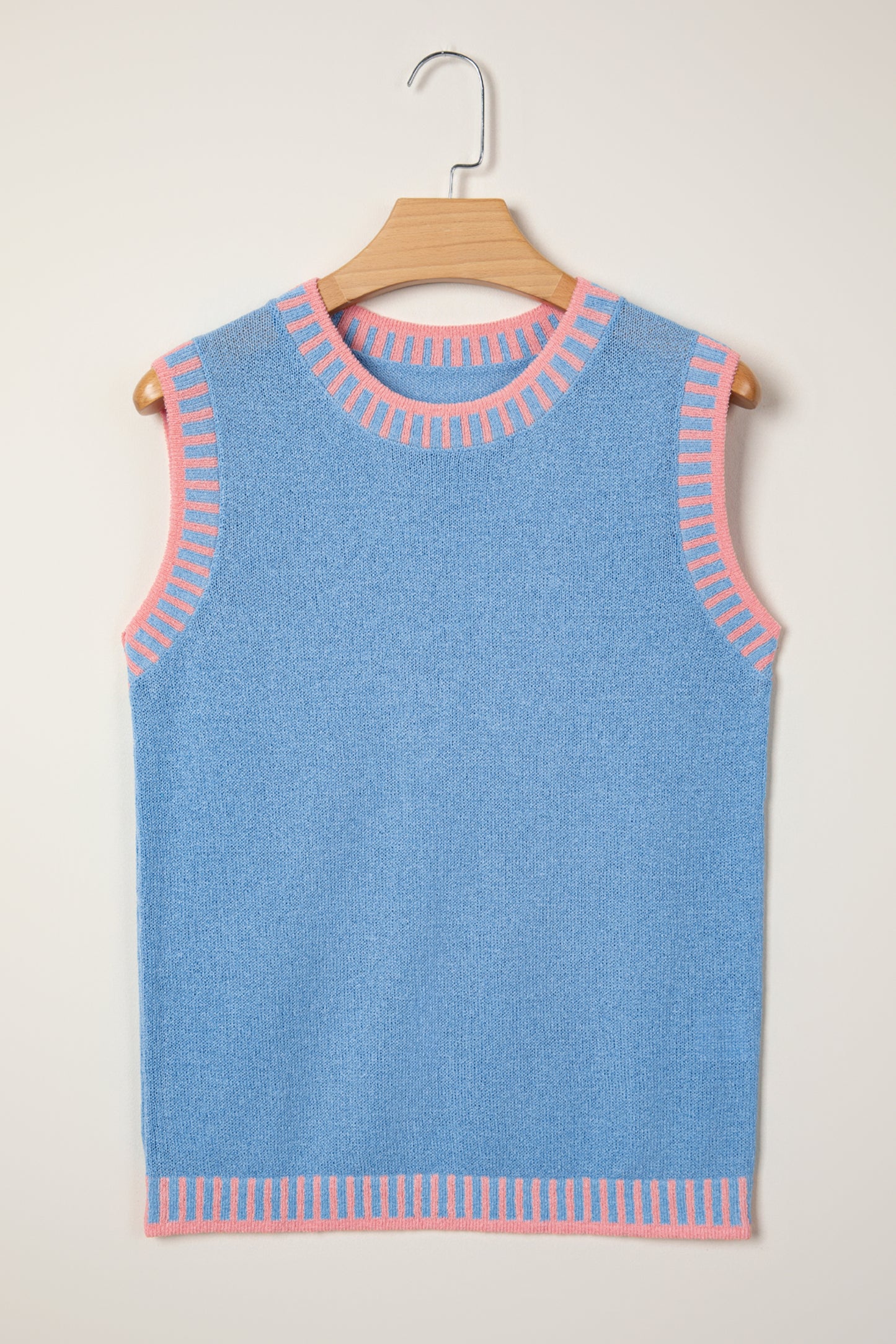 Sky Blue Contrast Trim Round Neck Sleeveless Sweater-TOPS / DRESSES-[Adult]-[Female]-2022 Online Blue Zone Planet