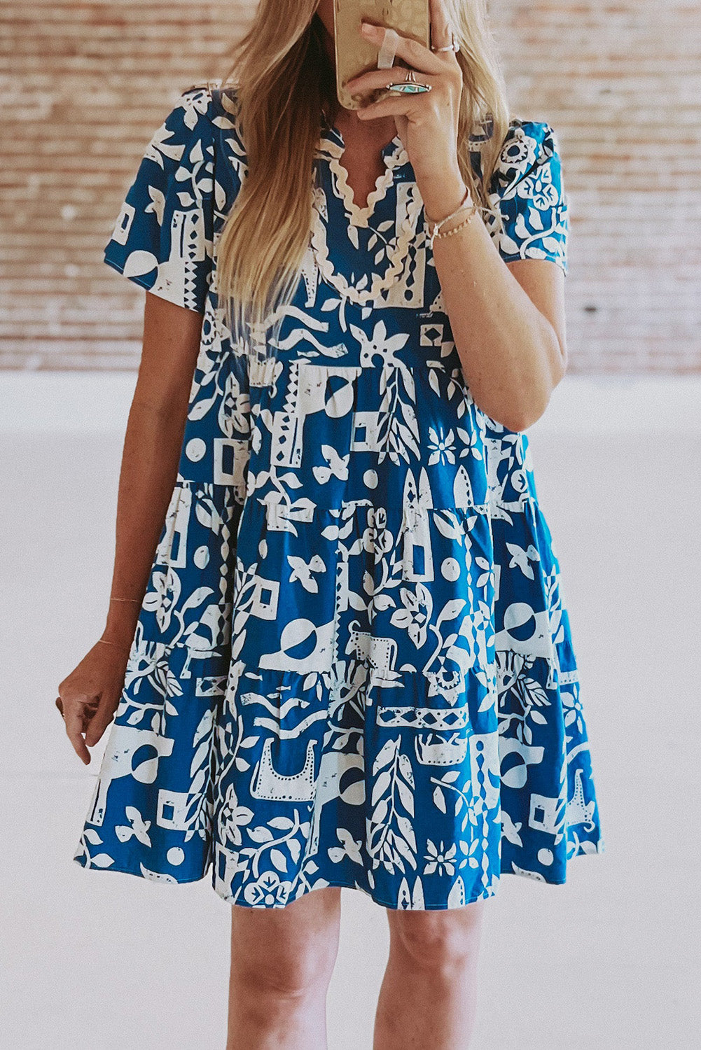 Blue Ricrac Trim Split Neck Floral Loose Dress Blue Zone Planet