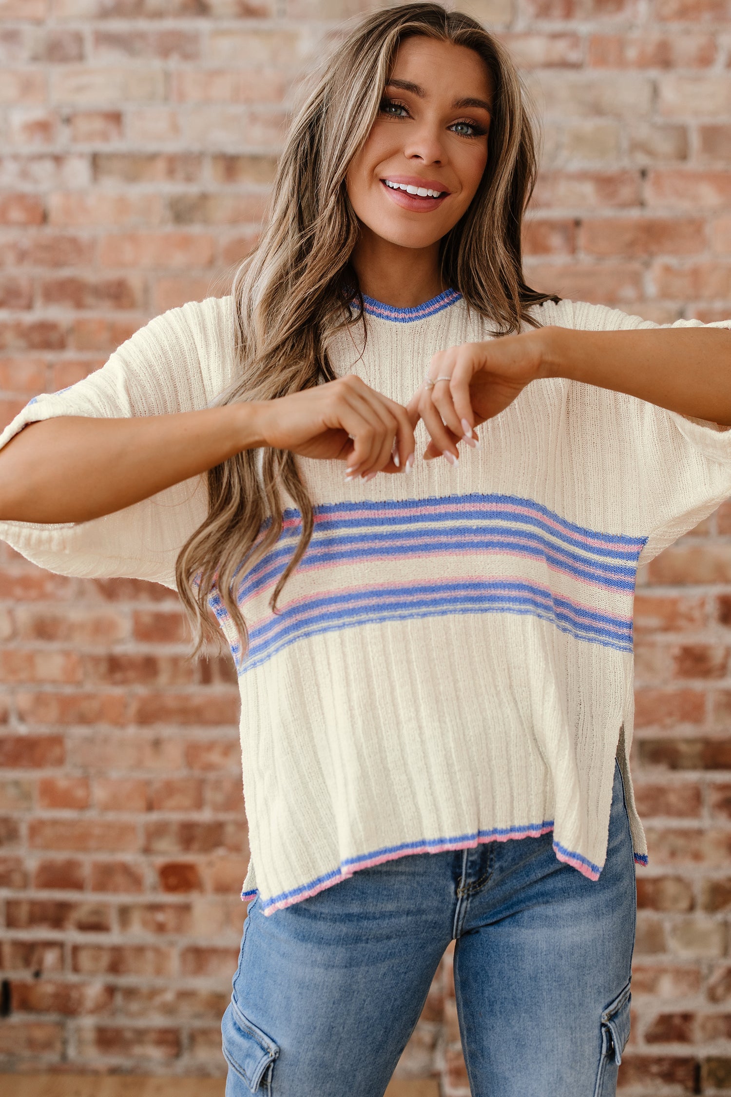White Striped V Neck Dolman Sleeve Rib Knit Oversized Sweater with Slits-TOPS / DRESSES-[Adult]-[Female]-2022 Online Blue Zone Planet