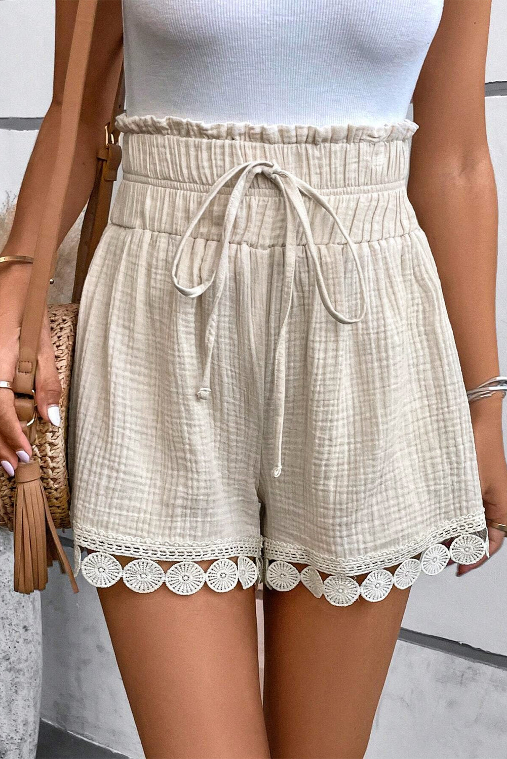 Apricot Textured Frilled Knotted High Waist Lace Hem Shorts-Bottoms/Casual Shorts-[Adult]-[Female]-2022 Online Blue Zone Planet