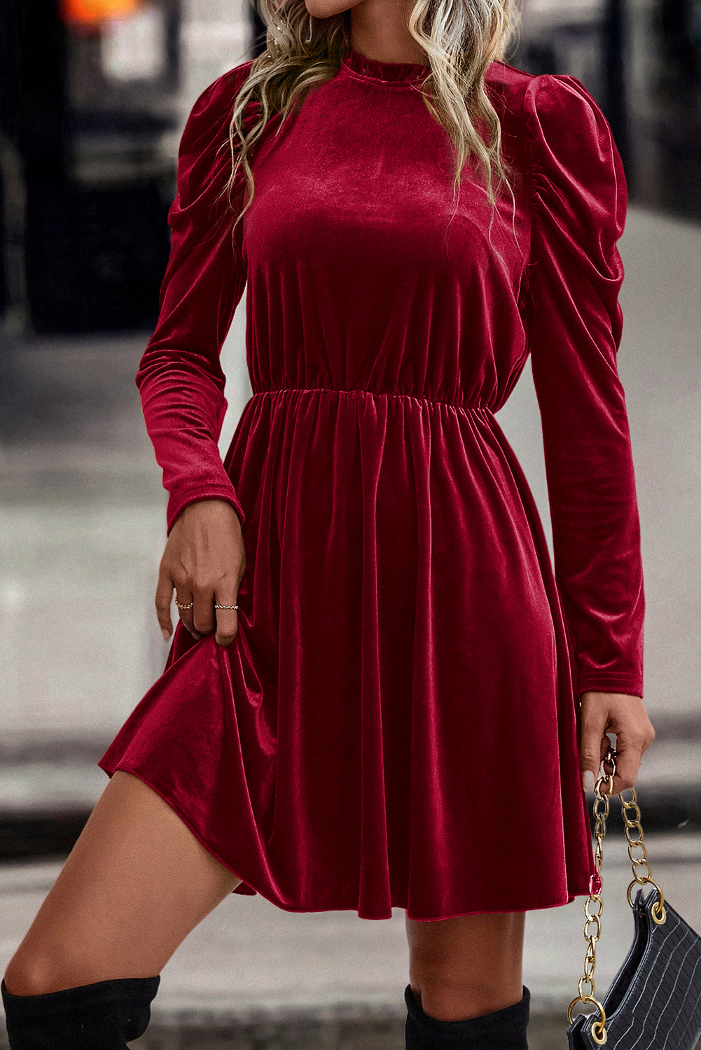 Red Dahlia Velvet Frilled Neck Gigot Sleeve Swing Dress-TOPS / DRESSES-[Adult]-[Female]-2022 Online Blue Zone Planet