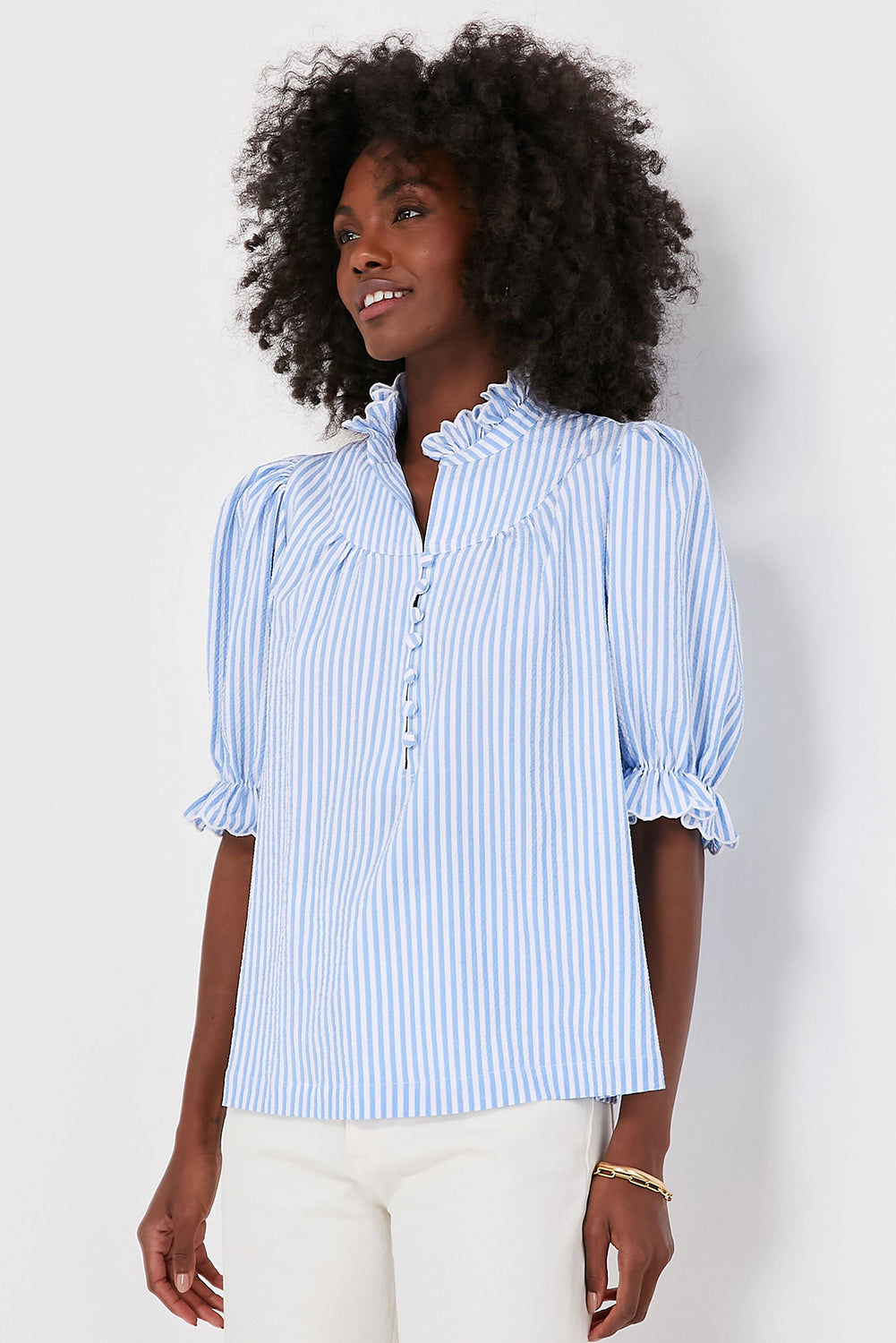 Sky Blue Stripe Ruffled Collar Puff Sleeve Half Buttons Blouse-Tops/Blouses & Shirts-[Adult]-[Female]-2022 Online Blue Zone Planet