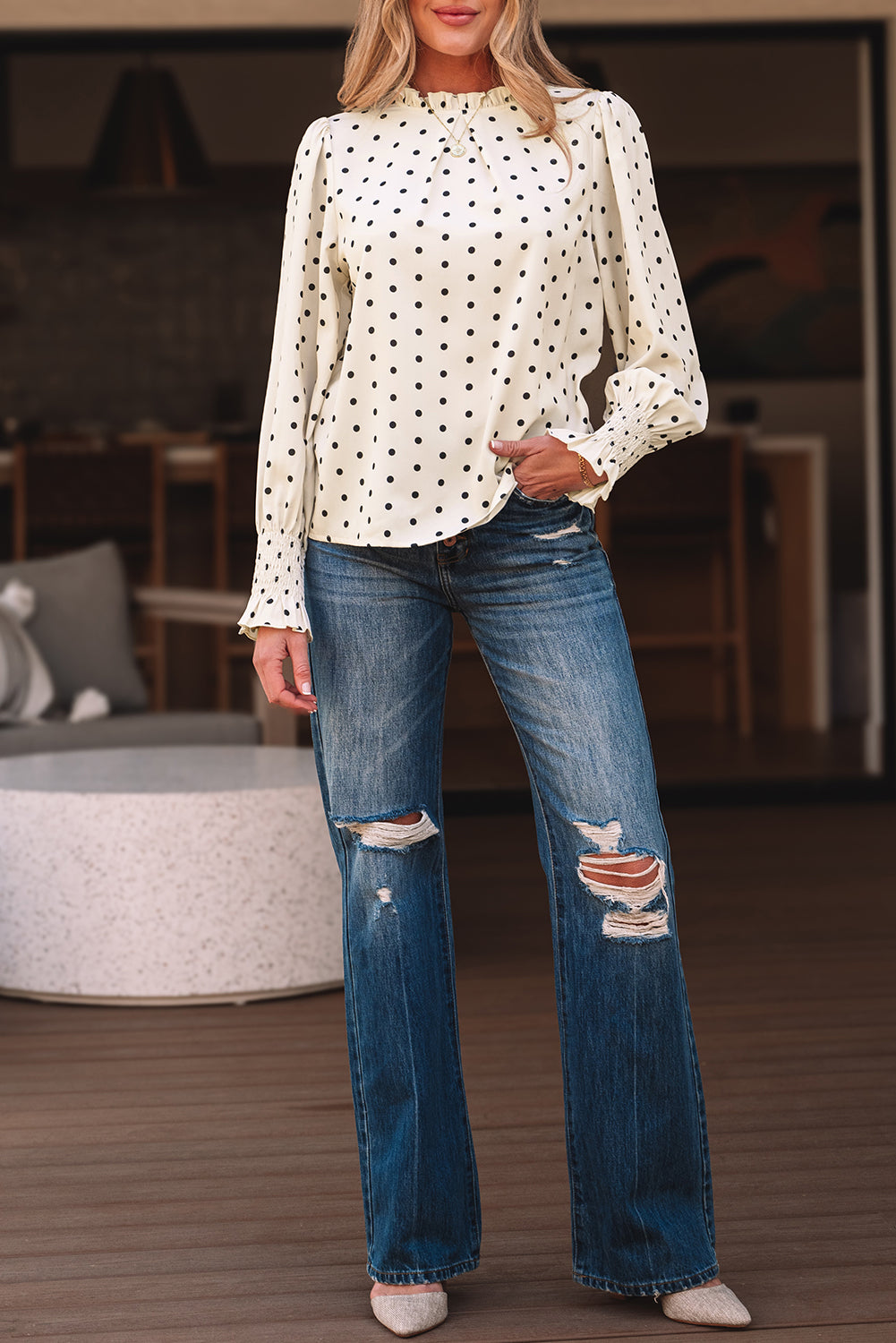 Blue Zone Planet | Apricot Polka Dot Print Frilled Collar Lantern Sleeve Blouse-Tops/Blouses & Shirts-[Adult]-[Female]-2022 Online Blue Zone Planet