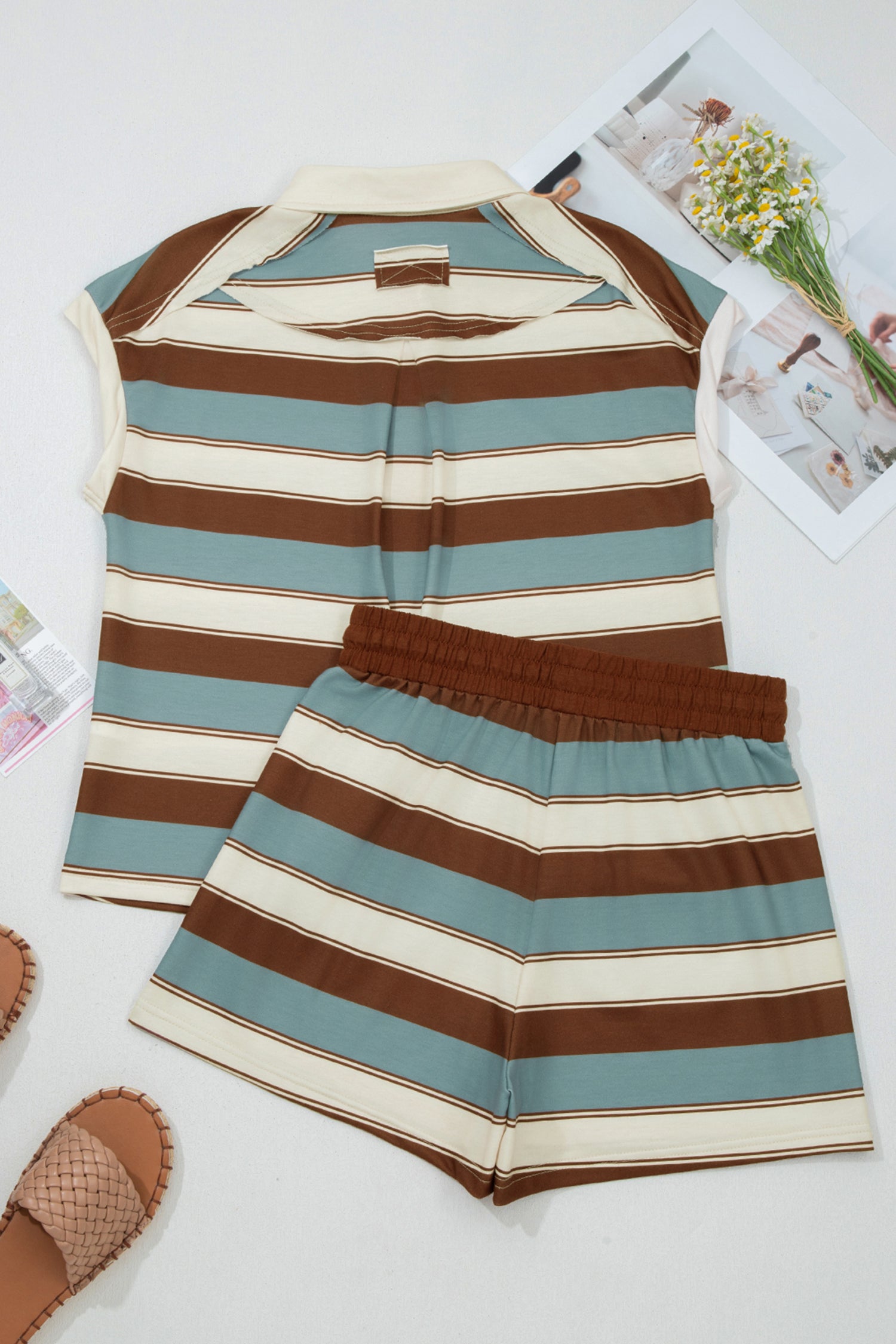 White Stripe Button Polo Collar Tee Drawstring Elastic Waist Patchwork 2pcs Short Set-Two Piece Sets/Short Sets-[Adult]-[Female]-2022 Online Blue Zone Planet