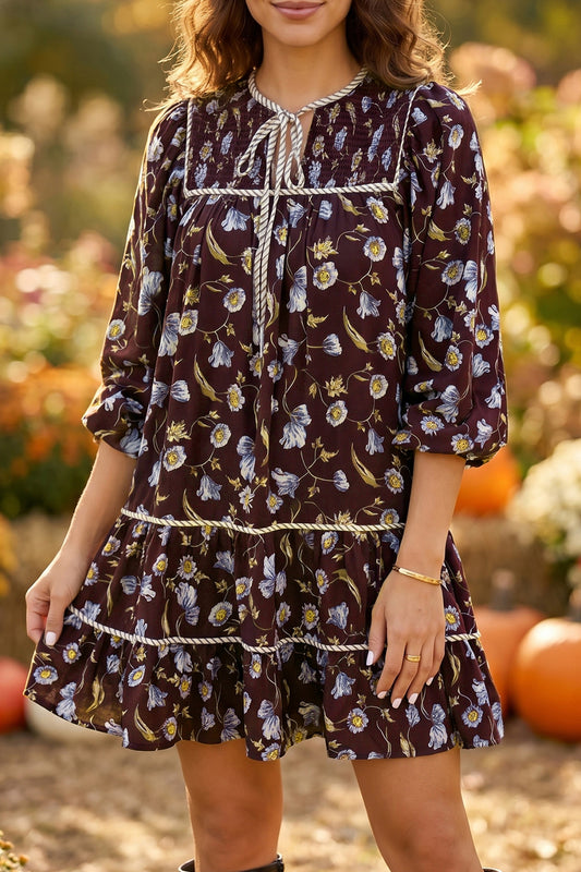 Brown Floral Print Shirred V Neck Shift Dress-TOPS / DRESSES-[Adult]-[Female]-Brown-S-2022 Online Blue Zone Planet